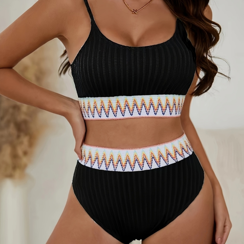 NWOT Black Ribbed Two-Piece Swimsuit with Colorful Waistband XL